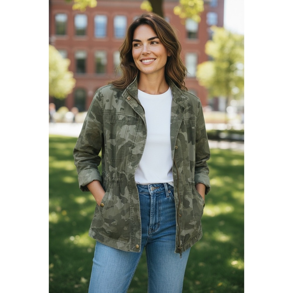 Womens old navy Camo Utility Field Jacket Size M cinch waist